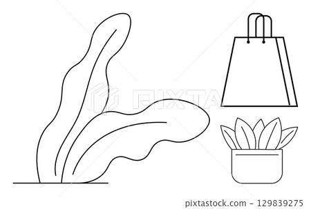 Shopping bag with handles, a potted plant with broad leaves, and a set of large abstract leaves. Ideal for eco-friendly themes, sustainability, nature, shopping, interior design, minimalism vector 129839275
