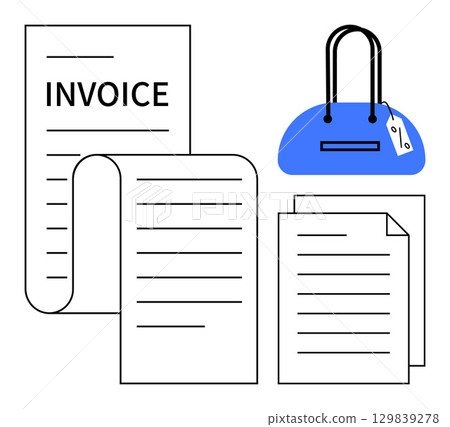 Invoice, receipt, and paperwork elements paired with a blue handbag suggest shopping, retail, and financial record-keeping. Ideal for bookkeeping, e-commerce, retail management, financial audits tax Invoice, receipt, and paperwork elements paired with a blue handbag suggest shopping, retail, and financial record-keeping. Ideal for bookkeeping, e-commerce, retail management, financial audits tax 129839278