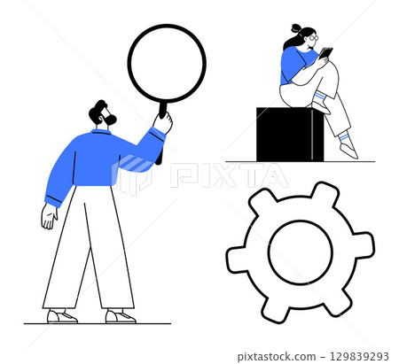 Man holding magnifying glass, woman reading a document, large gear symbol representing problem-solving. Ideal for teamwork, research, technology, business strategy, analysis, organization 129839293
