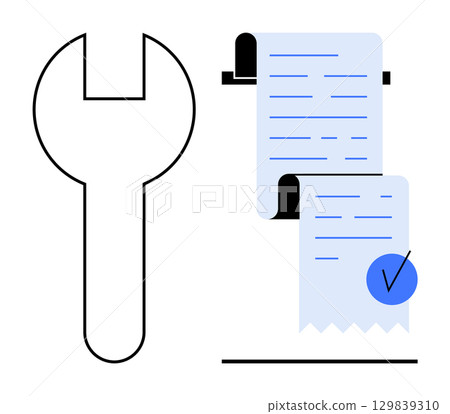 Large wrench next to a checklist on a receipt roll with blue checkmark. Ideal for maintenance, quality control, service repair, inspection processes, and technical documentation. Modern minimal style Large wrench next to a checklist on a receipt roll with blue checkmark. Ideal for maintenance, quality control, service repair, inspection processes, and technical documentation. Modern minimal style 129839310