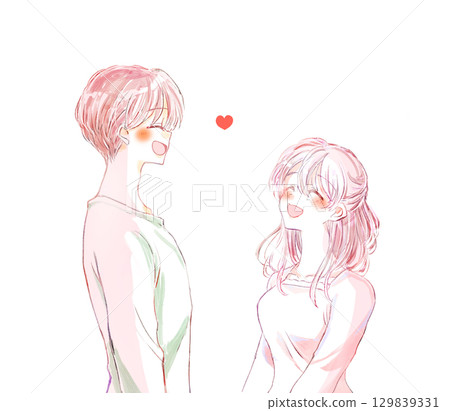 Men and women laughing facing each other in love Men and women laughing facing each other in love 129839331