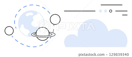 Planet with rings and orbits, cloud, lines and circles. Ideal for technology, cloud computing, data exchange, space-themed projects, education, network infrastructure, server systems. Line metaphor Planet with rings and orbits, cloud, lines and circles. Ideal for technology, cloud computing, data exchange, space-themed projects, education, network infrastructure, server systems. Line metaphor 129839340