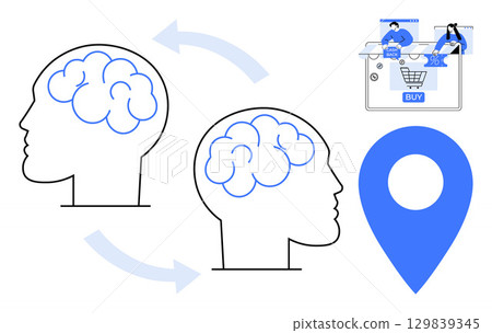 Human brains connected by arrows, indicating idea exchange. Tablet with shopping cart for e-commerce, map pin icon for location. Ideal for business, brainstorming, e-commerce, marketing Human brains connected by arrows, indicating idea exchange. Tablet with shopping cart for e-commerce, map pin icon for location. Ideal for business, brainstorming, e-commerce, marketing 129839345