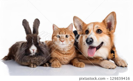 Dog, cat and rabbit portrait Dog, cat and rabbit portrait 129839416