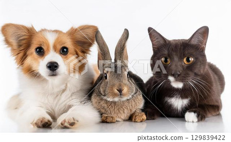 Dog, cat and rabbit portrait 129839422