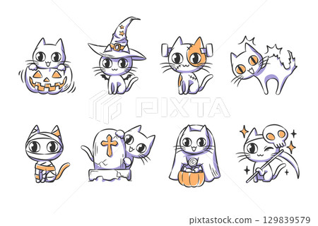 Set of cute Halloween cat costume illustration such as witch, frankenstein, mummy, grim reaper  . Hand drawn icon collection . Vector . 129839579