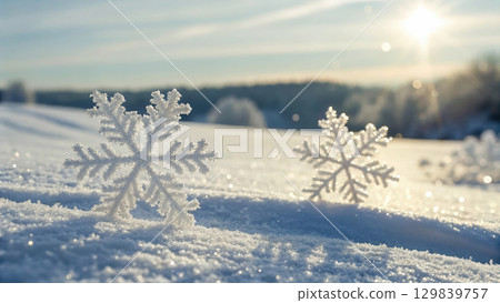 Sparkling snowflakes under bright sunlight create serene winter scene 129839757