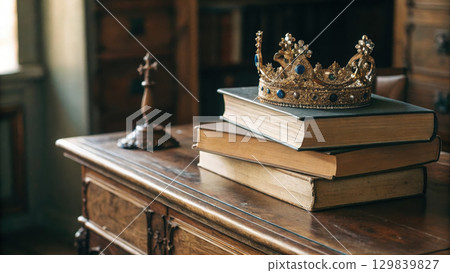 crown resting on stack of books symbolizes knowledge and royalty crown resting on stack of books symbolizes knowledge and royalty 129839827