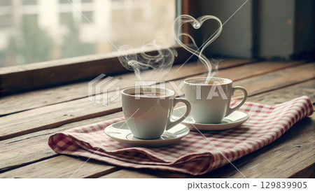 Warm teacups with steam forming heart shape, cozy atmosphere 129839905