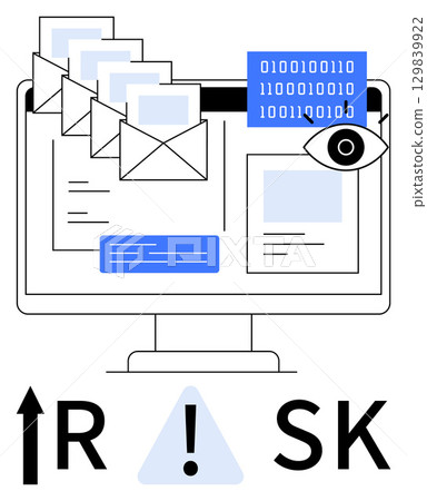 Computer displaying multiple electronic mail envelopes, binary code, and eye icon. Ideal for cybersecurity, data privacy, digital communication, email security, risk management, online threats IT Computer displaying multiple electronic mail envelopes, binary code, and eye icon. Ideal for cybersecurity, data privacy, digital communication, email security, risk management, online threats IT 129839922