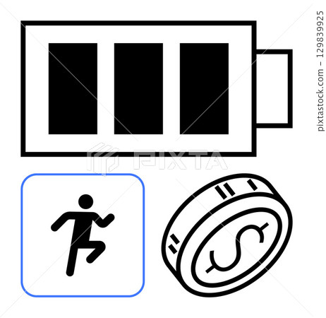 Battery charging symbol in bold black, running person icon, and stylized coin with dollar sign. Ideal for technology, fitness, finance, motivation, productivity savings and energy. Line metaphor Battery charging symbol in bold black, running person icon, and stylized coin with dollar sign. Ideal for technology, fitness, finance, motivation, productivity savings and energy. Line metaphor 129839925