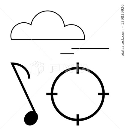 Cloud, musical note, target, and lines in minimalist style. Ideal for weather forecasting, music industry, goal setting, digital media technology branding education. Line metaphor 129839926