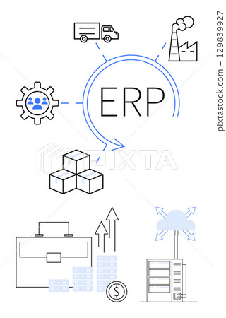 ERP acronym in center with gear for human resources, delivery truck, factory, cubes, briefcase, graphs, cloud, and server. Ideal for business management logistics manufacturing IT solutions 129839927