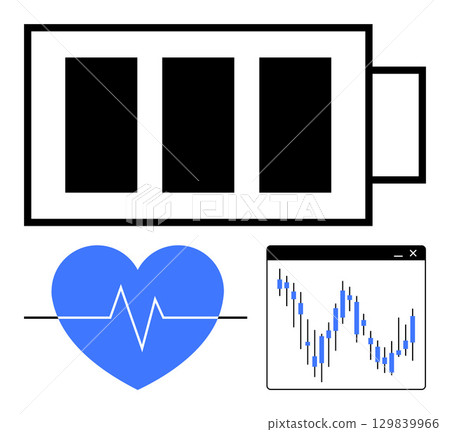 Battery icon, heartbeat line inside blue heart, and fluctuating graph chart. Ideal for health, technology, fitness, energy, medical statistics data analysis. Line metaphor 129839966