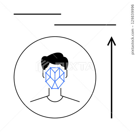 Circular icon with stylized face geometric overlay. Black and blue lines suggest technology growth innovation, identity, AI, data analysis, human interface. Ideal for tech, connectivity, security 129839996