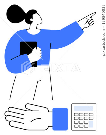 Businesswoman holding a tablet, pointing forward. Hand and calculator symbols below. Ideal for leadership, guidance, business, innovation, decision-making finance and technology themes. Line Businesswoman holding a tablet, pointing forward. Hand and calculator symbols below. Ideal for leadership, guidance, business, innovation, decision-making finance and technology themes. Line 129840035