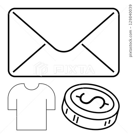 Large envelope, simple T-shirt, and coin with dollar symbol. Ideal for communication, finance, online shopping, fashion, retail marketing and e-commerce topics. Line metaphor 129840039