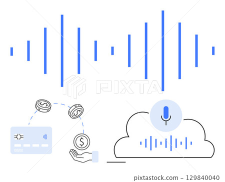 Voice waveform with microphone, credit card, and cloud. Ideal for fintech, mobile banking, AI, cloud services, contactless payments security and digital finance. Line metaphor 129840040