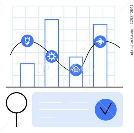 Bar chart with line graph showing seasonal data trends using flower, sun, and snowflake icons. Ideal for weather forecasting, seasonal sales, climate studies, data analysis, presentations 129840041