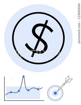 Dollar sign encircled line graph with data points and a bullseye with an arrow. Ideal for finance, marketing, analytics, goals, success, strategy, data. Line metaphor Dollar sign encircled line graph with data points and a bullseye with an arrow. Ideal for finance, marketing, analytics, goals, success, strategy, data. Line metaphor 129840048