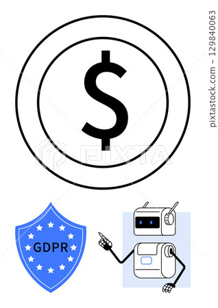 Dollar sign coin GDPR shield and robot characterize financial security data protection, AI, technology, compliance, privacy, modern security. Ideal for fintech, cybersecurity, automation, law 129840063