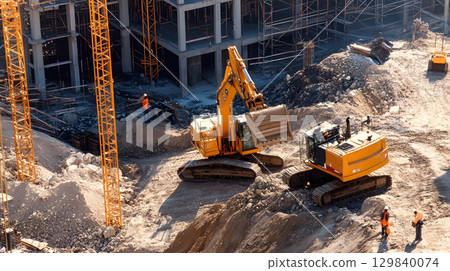 Construction site with crane, excavator, and scaffolding. design for building and development projects. 129840074