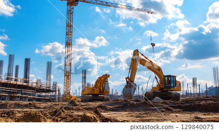Construction site with crane, excavator, and scaffolding. design for building and development projects. 129840075