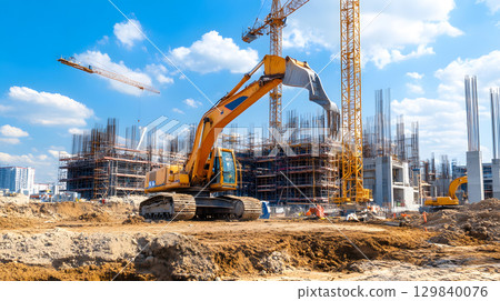 Construction site with crane, excavator, and scaffolding. design for building and development projects. 129840076