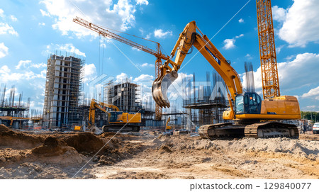 Construction site with crane, excavator, and scaffolding. design for building and development projects. 129840077