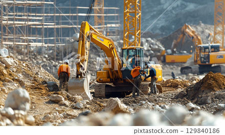 Construction site with crane, excavator, and scaffolding. design for building and development projects. 129840186