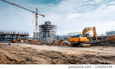 Construction site with crane, excavator, and scaffolding. design for building and development projects. 129840199
