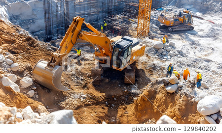 Construction site with crane, excavator, and scaffolding. design for building and development projects. Construction site with crane, excavator, and scaffolding. design for building and development projects. 129840202