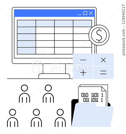Computer displaying spreadsheet financial symbol, arithmetic symbols, six people icons, file with binary code. Ideal for finance, data analysis, productivity, teamwork, organization, digital Computer displaying spreadsheet financial symbol, arithmetic symbols, six people icons, file with binary code. Ideal for finance, data analysis, productivity, teamwork, organization, digital 129840217