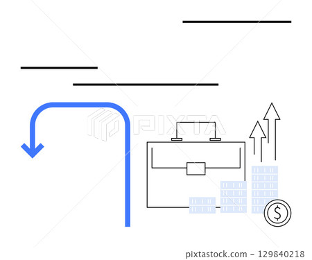 Business briefcase next to increasing stacks of coins and upward arrows, blue U-turn arrow. Ideal for finance, business development, investment, corporate strategy, economic growth, market analysis 129840218