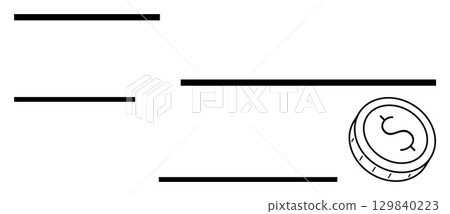 Check with three horizontal lines and a dollar coin, symbolizing financial transactions. Ideal for banking, finance, payments, accounting, budgeting, investments and checks. Line metaphor 129840223