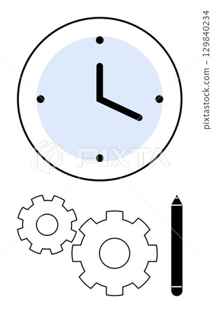 Clock displaying time, pencil symbolizing creativity, and gears denoting process optimization. Ideal for productivity tools, time management, creative planning, work efficiency, strategic Clock displaying time, pencil symbolizing creativity, and gears denoting process optimization. Ideal for productivity tools, time management, creative planning, work efficiency, strategic 129840234