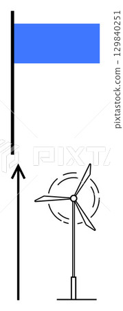 Blue flag with tall pole wind turbine with rotating blades and upward arrow. Ideal for renewable energy, sustainability, technology, innovation, progress, environmental awareness, clean power. Line 129840251