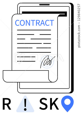 Contract displayed on tablet screen with signature, emphasizing RISK through icons and text. Ideal for legal documents, e-signatures, risk assessment, digital contracts, compliance, location-based 129840257