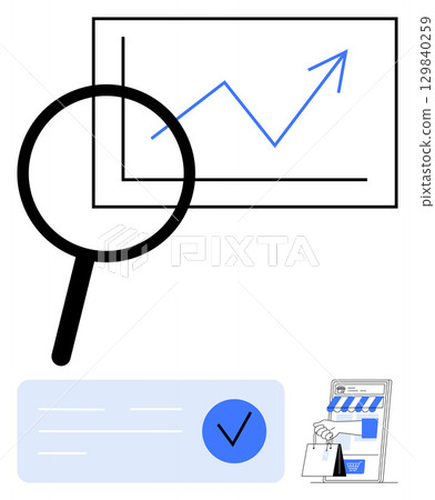 Magnifying glass focusing on a graph with an upward trend line, checkmark, and online store elements. Ideal for business analysis, financial growth, online shopping, e-commerce strategies, data Magnifying glass focusing on a graph with an upward trend line, checkmark, and online store elements. Ideal for business analysis, financial growth, online shopping, e-commerce strategies, data 129840259