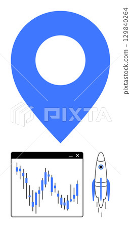 Large blue location pin atop a stock market chart showing growth, next to a launching rocket ship. Ideal for business expansion, technology, startup success, investment, stock market analysis, growth Large blue location pin atop a stock market chart showing growth, next to a launching rocket ship. Ideal for business expansion, technology, startup success, investment, stock market analysis, growth 129840264