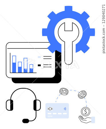 Chart with bar graph, gear and wrench, headset, and financial transaction icons. Ideal for business management, technical support, finance, innovation customer service strategy technology. Line Chart with bar graph, gear and wrench, headset, and financial transaction icons. Ideal for business management, technical support, finance, innovation customer service strategy technology. Line 129840271