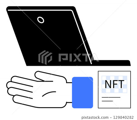Laptop, hand, NFT document. Ideal for blockchain, digital assets, e-commerce, virtual transactions, technology finance innovation Line metaphor Laptop, hand, NFT document. Ideal for blockchain, digital assets, e-commerce, virtual transactions, technology finance innovation Line metaphor 129840282