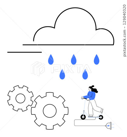 Woman riding electric scooter, large cloud with raindrops above, two gear cogs and charging plug nearby. Ideal for weather, transportation, eco-friendly commute, energy conservation, maintenance 129840320