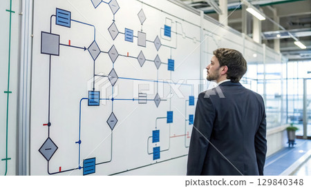 man analyzing visual flowchart of hyperautomation processes in office 129840348