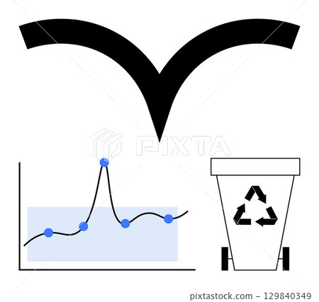Graph with data points recycling bin with arrows, bold line element. Ideal for sustainability, growth, analysis, business strategy, environmental impact, eco-friendly practices. Line metaphor 129840349