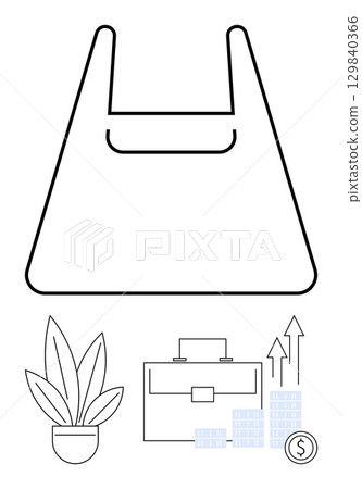 Reusable bag symbol above a briefcase, potted plant, rising arrows, and dollar sign. Ideal for sustainability, business development, eco-friendly initiatives, environmental impact, corporate growth Reusable bag symbol above a briefcase, potted plant, rising arrows, and dollar sign. Ideal for sustainability, business development, eco-friendly initiatives, environmental impact, corporate growth 129840366