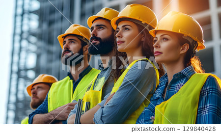 Group of construction workers wearing helmets and vests holding tools. for labor and building themes. 129840428