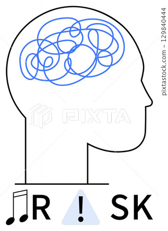 Outline of human head with tangled lines representing mental stress, accompanied by musical note, warning sign, and letters R SK. Ideal for mental health, stress, focus, cognitive sciences Outline of human head with tangled lines representing mental stress, accompanied by musical note, warning sign, and letters R SK. Ideal for mental health, stress, focus, cognitive sciences 129840444
