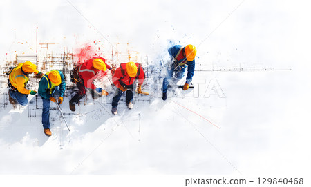 Group of construction workers wearing helmets and vests holding tools. for labor and building themes. 129840468
