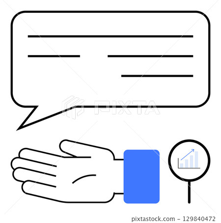 Speech bubble with three lines, outstretched hand with blue sleeve, and magnifying glass with growth chart. Ideal for business, communication, presentation, data analysis, support, explanation Speech bubble with three lines, outstretched hand with blue sleeve, and magnifying glass with growth chart. Ideal for business, communication, presentation, data analysis, support, explanation 129840472